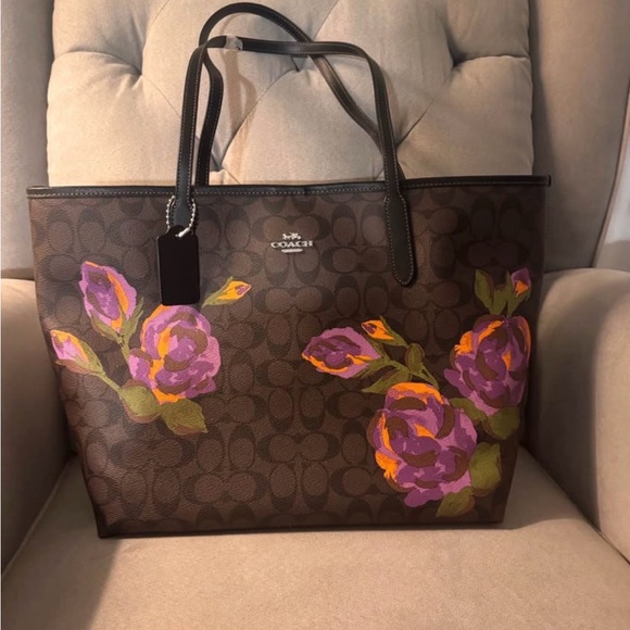 Unique Coach Brown Signature Tote with Purple and Orange Floral Print - Picture 2 of 8